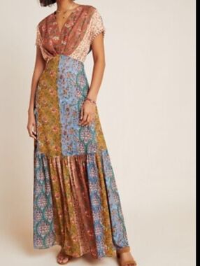 Sachin + Babi Boho Patchwork Maxi Dress Milkmaid Tiered